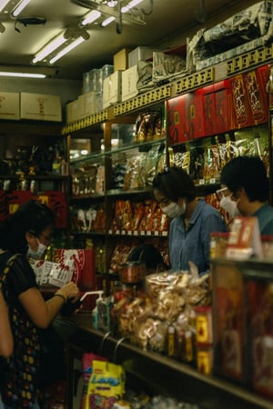 The inside of a store with two men at the counter 