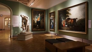 a museum with painting and a sculpture 