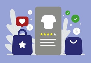 Graphic of a listing with a 4 star review surrounded by shopping bags 